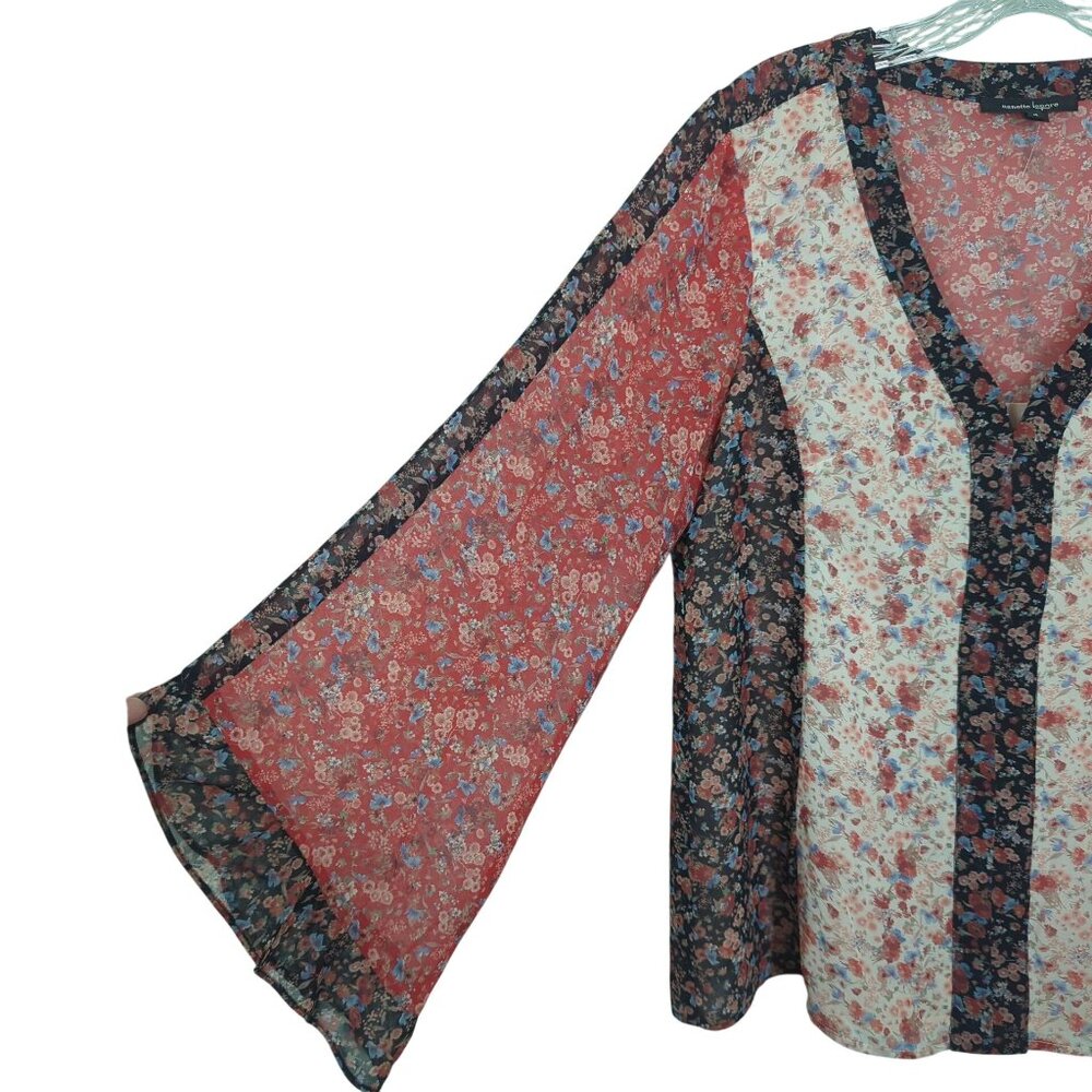 Nanette Lepore floral butterfly sleeves bohemian gypsy saloon pullover‎ blouse M - Picture 4 of 15